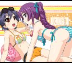 2_girls all_fours bakemonogatari bikini blush female female_only friends girl_on_top high_res k10k kanbaru_suruga long_hair lying monogatari_(series) multiple_girls on_back open_mouth senjougahara_hitagi short_hair smile swimsuit yuri