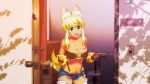  1girl 3d ?kami_sh?jo_to_issho animal_ears animated animated_gif blonde_hair blue_eyes dark_skin door doorway female liru midriff navel neko o-ring_top open_mouth renkin_san-kyuu_magical_pokaan seismic shorts solo tail wolf_ears wolf_tail 