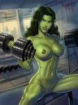 1girl abs avengers breasts dumbbell exercise female female_only green_skin gym jennifer_walters marvel marvel_comics nipples pussy she-hulk solo sunsetriders7 superheroine sweat vagina weightlifting