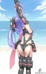 1girl alluring ass beach behind_view big_ass big_breasts clothing nintendo outside poppi_(xenoblade) poppi_qtpi_(xenoblade) purple_hair robot robot_girl sand sideboob stockings stretching water xenoblade_(series) xenoblade_chronicles_2 zambonito