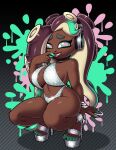  1girl big_ass big_breasts bikini brown_hair brown_skin marina_(splatoon) omegasunburst platform_shoes posing seductive silver_bikini smile 