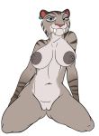 1girl 1girl anthro areola big_breasts blue_sky_studios breasts digital_media_(artwork) ear_piercing earring el-loko fangs felid fur furry genitals grey_areola grey_body grey_fur grey_nipples ice_age_(series) kneel looking_at_viewer machairodontine mammal navel nipples nude piercing pink_nose pussy sabertooth_(anatomy) shira_(ice_age) smile smilodon striped_body striped_fur stripes