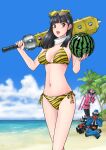  1girl alluring amber_eyes avataro_sentai_donbrothers beach bikini black_hair club_(weapon) haruka_kito holding_watermelon iwa ocean shades super_sentai 