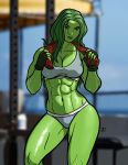  1girl abs bikini breasts cleavage fingerless_gloves gloves green_eyes green_hair green_skin jennifer_walters long_hair marvel marvel_comics muscle muscular_female she-hulk shiny shiny_skin smile tall taynor_hook 