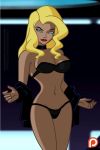 1girl big_breasts birds_of_prey black_canary blonde_hair blue_eyes bra cartoongirls_(artist) cleavage dc_comics indoors lingerie long_hair panties standing strapless