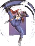 1girl alluring athletic_female bodysuit erodrunky female_abs fit_female high_kick kick kicking kitsune_mask kunimitsu kunoichi milf namco red_hair tekken tekken_1 tekken_2 tekken_tag_tournament tekken_tag_tournament_2