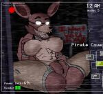 animatronic anus big_breasts breasts cheesecaked empty_eyes exposed exposing female five_nights_at_freddy's fox foxy_(fnaf) furry glowing glowing_eyes inside looking_at_viewer machine mammal mechanical presenting presenting_pussy pussy robot sharp_teeth smile solo spread_legs teeth text tongue