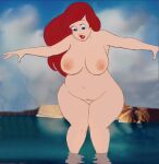  1girl 80s bbw beach big_belly big_breasts blue_eyes chubby chubby_female disney female_focus female_only full_body human_only long_hair nekomate14_edited obese_female outstretched_arms overweight_female pale-skinned_female photoshop princess_ariel red_hair red_lips screenshot_edit shocked_expression shore someraindropsonroses_(artist) standing the_little_mermaid thick_thighs third-party_edit very_long_hair voluptuous vulva 