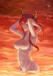 1girl 1girl 1girl arknights armpits arms_up big_breasts breasts clavicle closed_mouth completely_nude covering cy9 dated demon_horns eyebrows_visible_through_hair groin high_resolution horns large_filesize long_hair molten_rock navel nipples nude purple_eyes red_hair signature slit_pupils smile surtr_(arknights) tying_hair upper_body very_high_resolution