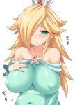 :t bare_shoulders belly blonde_hair blush breast_suppress breasts crown dress earrings erect_nipples frown green_eyes hair_over_one_eye hands_on_breasts huge_breasts impossible_clothes jewelry konno_tohiro large_breasts long_hair mario_(series) nail_polish navel nintendo plump puffy_nipples rosalina rosetta_(mario) sleeveless sleeveless_dress super_mario_bros. super_mario_galaxy translated