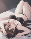 1girl ai_generated aphmau_(youtuber) big_breasts black_bra black_panties bra brown_eyes brown_hair female_focus female_only laying_down laying_on_bed lim3n_ai long_hair long_hair_female melissa_lycan on_back panties perfect_body wolf_ears wolf_girl wolf_tail youtube