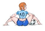 1girl 1girl ass ben_10 big_ass big_ass dat_ass eye_contact green_eyes gwen_tennyson looking_at_viewer looking_back orange_hair p-shinobu short_hair soccer_ball soccer_uniform sports_uniform spread_legs thick_thighs thighs