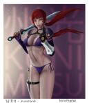 1girl alluring bikini elbow_gloves elbow_pad female_abs kitsune_mask kunai kunimitsu kunimitsu_(tekken) kunoichi machitehew milf namco red_hair sword tekken tekken_1 tekken_2 tekken_tag_tournament tekken_tag_tournament_2 unmasked voluptuous