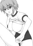 1girl breasts buruma buruma_aside buruma_pull gym_uniform huge_breasts kotonomiya_yuki monochrome shichimenchou shirt_lift short_hair solo suigetsu