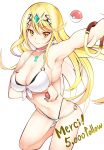  alluring arm_under_breasts bangs big_breasts bikini blonde_hair blush breasts cleavage cowboy_shot creatures_(company) daive eyebrows_visible_through_hair french_text front-tie_bikini front-tie_top game_freak high_res mythra mythra_(xenoblade) nintendo o-ring o-ring_bikini poke_ball poke_ball_(basic) pokemon simple_background smile strap_gap swept_bangs swimsuit tiara voluptuous white_background white_bikini xenoblade_(series) xenoblade_chronicles_2 yellow_eyes 