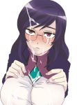 bad_id breasts cum cum_on_body cum_on_breasts cum_on_hair cum_on_upper_body facial genderswap glasses gundam gundam_00 huge_breasts purple_hair red_eyes short_hair tieria_erde uniform yasushi