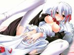 1girl bed blue_hair blush breasts dress garter_belt komori_kei kotonomiya_yuki lying maid masturbation no_bra on_back open_clothes open_shirt red_eyes shirt short_hair solo spread_legs suigetsu thighhighs turtleneck white_legwear white_thighhighs