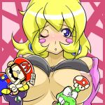 1boy 1girl black_bra blonde_hair blush bra bra_lift breasts censored chris_(mario) earrings jewelry lingerie lowres luigi mario mushroom nintendo nipples one_eye_closed open_clothes open_shirt princess_peach shirt super_mario_bros. super_mushroom underwear wink yoshi