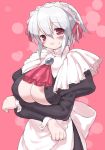 1girl breasts huge_breasts kotonomiya_yuki maid mutsutake nipple_slip nipples open_clothes open_shirt shirt silver_hair simple_background solo suigetsu