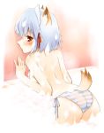 1girl against_wall animal_ears ass back bath bent_over blue_hair blue_panties blush breasts fox_ears kotonomiya_yuki looking_back maid_headdress panties panties_only red_eyes short_hair side-tie_panties sideboob soap solo striped striped_panties suigetsu topless underwear underwear_only wet