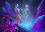 1girl 1girl ass blue_eyes blue_hair breasts crystal dragon_girl flower hair_ornament high_resolution horns long_hair medium_breasts monster_girl navel night nipples nude pointed_ears pussy stellagosa svelien warcraft water waterfall world_of_warcraft