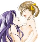  2girls blush breasts brown_hair closed_eyes flat_chest fukuzawa_yumi hair hair_ribbon kyoutarou long_hair maria-sama_ga_miteru multiple_girls nipple_tweak nipples nude ogasawara_sachiko profile purple_hair ribbon sachiko_ogasawara short_hair small_breasts smile twintails upper_body white_background yumi_fukuzawa yuri 