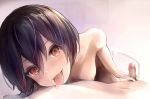 1boy 1girl 1girl black_hair blush breasts censored fang hetero kaede_do licking looking_at_viewer lying male mosaic_censoring naughty_face nipple_licking nipples nude original penis pov red_eyes small_breasts tekoki tongue tongue_out