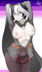  1girl 1girl arms_up big_breasts black_and_white_hair black_eyes breasts_out female_only looking_at_viewer made_in_abyss no_bra open_shirt ozen pale-skinned_female pale_skin short_hair smile theironmountain two_tone_hair wide_hips 