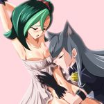  2girls animal_ears ashi_ura bdsm blush bondage bound cathy_(yuu-gi-ou_zexal) closed_eyes dress licking mizuki_kotori_(yuu-gi-ou_zexal) multiple_girls navel simple_background tongue yu-gi-oh! yu-gi-oh!_zexal yuri yuu-gi-ou yuu-gi-ou_zexal 