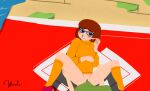  boner brown_eyes bulge eyewear glasses lipstick long_socks multiversus no_panties pants partially_clothed pressed_against pussy scooby-doo shaggy_rogers shirt shoes socks sweater velma_dinkley wewalu 