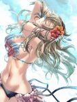 1girl 1girl absurd_res alluring artist_name bare_shoulders big_breasts bikini black_bikini black_hairband black_swimsuit breasts clear_glass_(mildmild1311) closed_eyes cloud cloudy_sky corrin_(fire_emblem)_(female) cowboy_shot dutch_angle fire_emblem fire_emblem_cipher fire_emblem_fates flower grey_hair hair_lift hairband hand_in_own_hair hands_in_hair hands_up hibiscus high_res long_hair looking_up nintendo official_alternate_costume shell shell_bikini signature sky smile sunlight swimsuit