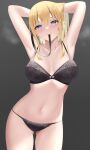  1girl 1girl alluring arms_up bangs black_bra black_panties black_ribbon blonde_hair blue_eyes blush bra breasts collarbone genshin_impact grey_background hair_between_eyes hair_ribbon hair_tie_in_mouth hand_in_own_hair high_res jean_gunnhildr looking_at_viewer medium_breasts mouth_hold navel panties ribbon tatsumiya_kagari tying_hair underwear underwear_only 