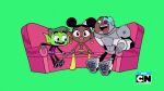 beast_boy black_hair brown_eyes bumblebee bumblebee_(teen_titans_go) cartoon_network couch cyborg dark-skinned_female dc_comics edit funny green_skin grin nude_female smile teen_titans teen_titans_go