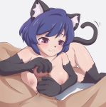  1boy 1girl 1girl :3 animal_ear_fluff animal_ears areola bangs big_breasts black_fur blue_hair blush breasts cat_girl cat_tail claws daxieshen_huashi eyebrows_visible_through_hair fur hetero high_resolution ishuzoku_reviewers male nekomimi nipples nude penis purple_eyes pussy short_hair simple_background solo_focus stockings tail tekoki thigh_gap very_high_resolution white_background 