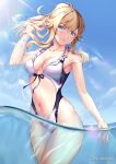 1girl 1girl alluring blonde_hair blue_eyes breasts cleavage excaliblader genshin_impact high_res jean_gunnhildr navel swimsuit water