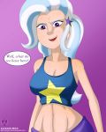  1girl alcasar-reich bare_shoulders big_breasts breasts cleavage dialogue female_only friendship_is_magic hair_ornament humanized long_hair my_little_pony navel open_mouth purple_background purple_eyes simple_background solo_female sports_bra star_hair_ornament trixie trixie_(mlp) white_hair wide_hips 