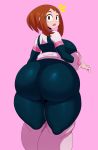 1girl ass big_ass big_breasts bodysuit breasts brown_eyes brown_hair clothing female_only huge_ass huge_breasts human looking_at_viewer looking_back my_hero_academia ochako_uraraka ochako_uraraka_(hero_outfit) open_mouth pink_background short_hair simple_background sssonic2 standing thick_thighs uraraka_ochako voluptuous wide_hips