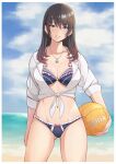  1girl alluring beach bikini blue_eyes collar dead_or_alive dead_or_alive_xtreme_venus_vacation earrings high_res jewelry konishiki_(52siki) long_hair looking_at_viewer midriff nanami_(doa) ocean open_mouth sky smile swimsuit tecmo volleyball volleyball_ball 