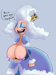 1girl big_breasts blue_eyes breasts cloud cloud_hair dress english_text eye_bags fat_ass female_only high_resolution i_hate_fairyland large_ass long_hair open_clothes open_mouth queen queen_cloudia scrabble007 smile speech_bubble text topless white_hair