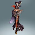 3d bodypaint breasts cia cia_(hyrule_warriors) cia_(the_legend_of_zelda) cia_(zelda_musou) cleavage dark_skin dress feathers full_body gradient gradient_background hat hyrule_warriors jewelry large_breasts legs lots_of_jewelry mask nail_polish navel nintendo official_art shia_(artist) side_slit solo tattoos the_legend_of_zelda white_hair witch zelda zelda_musou