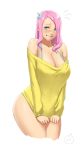 1girl ass bare_shoulders biting blue_eyes blush bra_strap breasts cleavage cropped_legs female fluttershy flying_sweatdrops friendship_is_magic highres humanized large_breasts lip_biting long_hair looking_at_viewer lvl_(artist) my_little_pony off_shoulder pink_hair shy solo sweatdrop sweater