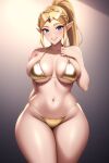 1girl alluring ass big_breasts bikini blonde_hair blue_eyes curvy curvy_figure gold_bikini looking_at_viewer nightcore_(artist) ponytail princess_zelda seductive_smile shiny_clothes shiny_hair shiny_skin the_legend_of_zelda voluptuous wide_hips