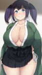 1girl 1girl 1girl bangs black_skirt blue_eyes blue_hair blush breasts clavicle cleavage closed_mouth clothing cowboy_shot curvaceous eyebrows_visible_through_hair female_only fundoshi green_kimono hair_between_eyes hair_ornament hair_ribbon high_resolution huge_breasts kantai_collection kimono konoshige_(ryuun) lifted_by_self long_sleeves looking_at_viewer no_bra open_clothes open_kimono open_robe panties pleated_skirt ribbon robe ryuun_(stiil) self_exposure short_hair side-tie_panties simple_background skirt smile souryuu_(kantai_collection) string_panties thigh_gap thighs tied_hair twin_tails underwear upper_body wafuku wide_sleeves