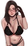 1girl alluring beauty_mark big_breasts black_bra black_panties brown_eyes brown_hair cleavage dead_or_alive dead_or_alive_xtreme dead_or_alive_xtreme_2 dead_or_alive_xtreme_3 dead_or_alive_xtreme_3_fortune dead_or_alive_xtreme_beach_volleyball dead_or_alive_xtreme_venus_vacation edmun glasses gloves high_res lace-trimmed_bra lace-trimmed_panties long_hair looking_at_viewer navel sayuri_(doa) semi-rimless_eyewear tecmo underwear white_background