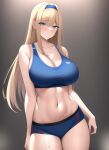 1girl 1girl alice_schuberg alluring big_breasts blonde_hair blue_eyes cleavage gym_shorts legs nightcore_(artist) sports_bra sword_art_online