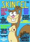 1girl 1girl 2023 armpits arms_up black_eyes blue_background breasts closed_mouth english_text eyelashes female_only furry furry_female furry_only grin magazine magazine_cover navel nickelodeon nipples open_eyes pink_nipples pink_nose sandy_cheeks skincel spongebob_squarepants squirrel squirrel_tail text toonytease