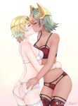  2_girls blonde_hair blush bra closed_eyes couple duo earrings female_only fire_emblem fire_emblem_heroes fjorm_(fire_emblem) green_hair kissing laegjarn_(fire_emblem) lewdlilies lingerie love mutual_yuri nintendo panties short_hair stockings two_tone_hair yuri 