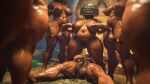  3d_(artwork) breasts cum cum_in_pussy dark-skinned_female dark-skinned_futanari dark_skin double_handjob ejaculation group_sex huge_breasts multiple_futanari muscular muscular_futanari nude pubic_hair pussy squarepeg3d 