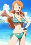  bikini green_bikini green_panties long_hair nami one_piece orange_hair panties pervert pervert_female sex_invitation sexually_suggestive smile 