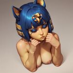  1girl ai_generated ankha ankha_(animal_crossing) blue_hair breasts cat_ears closed_eyes egyptian egyptian_clothes egyptian_eyeliner egyptian_female egyptian_headdress female_only head_on_hands nipples sad sad_face short_hair thinking upper_body 